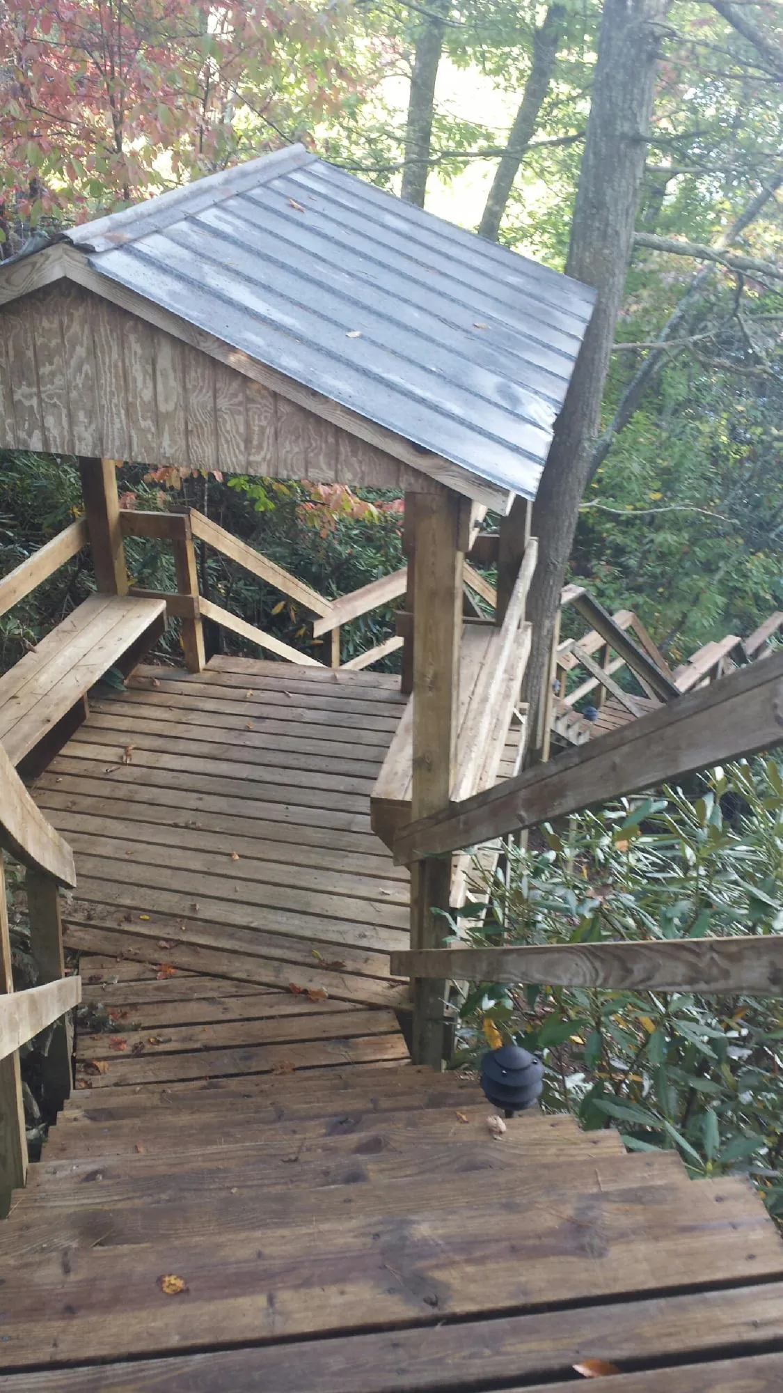 Metal roofed shelter over wooden steps on a wooded walkway — Skylight Repair & Installation work by our crew in Eden Prairie